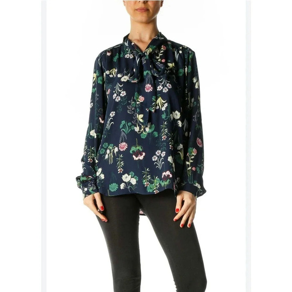 NWOT LOFT Women's Navy Blur Floral Long Sleeve Neck Tie Blouse in Size Large - Picture 1 of 8